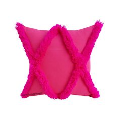 a bright pink pillow with ruffled edges on a white background, it looks like an ornament