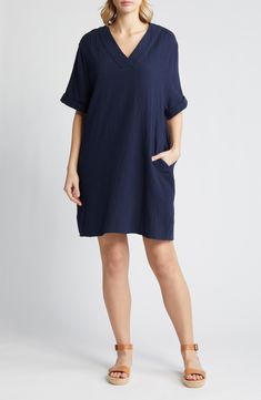 Plus Size Shift Dress, Dresses For Pregnant Women, Sunny Season, Cotton Shift Dress, Navy Linen, Tent Dress, Navy Blazer, Elbow Length Sleeve, Dress Cuts