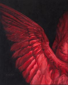 a painting of a red bird with large wings