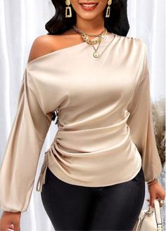 Color:Champagne;Size:L;Size:XL;Size:XXL;Package Contents:1 X Blouse;Occasion:Other;Style:Casual; Dressy Blouses For Women Classy, Asymmetrical Sleeve Top, Design For Tops For Women, Tops For Trousers Women, Fashion Blouses For Women, Fitted Blouses For Women, Unique Tops For Women Classy, Sleeve Ideas For Blouses, Girly Fashion Style