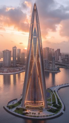 an aerial view of a very tall building in the middle of a body of water