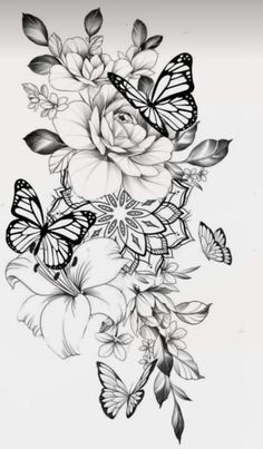 black and white drawing of flowers with butterflies