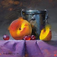 an oil painting of two peaches and a can on a purple table cloth with other fruit