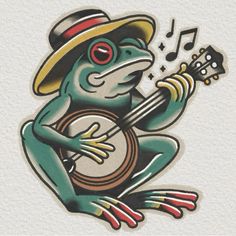 a frog with a hat playing the guitar