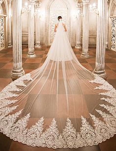 a woman in a wedding dress and veil is standing inside an ornate building with columns