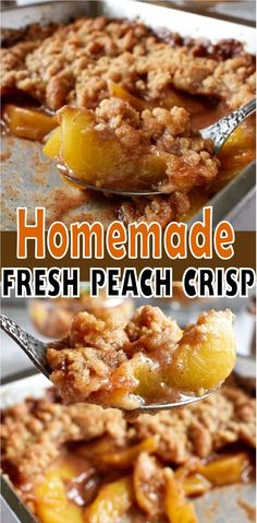 homemade fresh peach crisp is served on a spoon