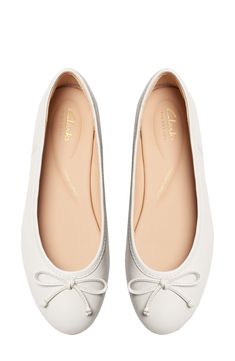 A delicate vamp bow lends timeless appeal to a rich leather flat set on a cushioned footbed for lasting comfort. Cushioned footbed Leather upper and lining/rubber sole Imported White Flats Outfit, Cute Shoes Flats, White Ballet Flats, Flat Pumps, Bridal Shoes Flats, Flat Dress Shoes, Red Flats, Aesthetic Shoes, Womens Ballet Flats