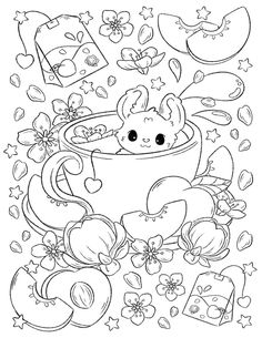 a coloring page with an animal in a tea cup surrounded by fruits and flowers,