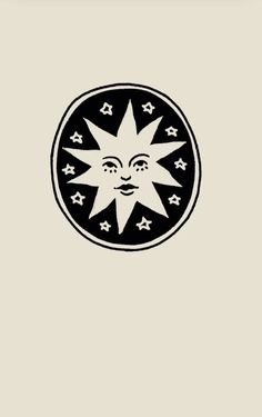 the sun and stars are depicted in this black and white illustration on a beige background