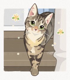 a cat standing on top of a wooden floor next to a flowery wallpaper