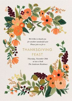 a thanksgiving card with an orange and green floral wreath on the front, in gold foil