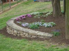 a flower bed in the middle of a yard