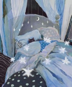 a painting of a bed with stars on it and a cat sleeping in the middle