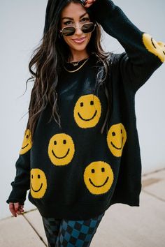 LALA ORIGINAL DESIGN: Have Fun Oversized Smiley Knit – Dressed In LALA Playful Black Winter Sweater, Fun Yellow Tops For Fall, Fun Yellow Fall Tops, Casual Winter Tops With Smiley Face, Casual Smiley Face Winter Tops, Cute Oversized Sweater For Loungewear, Trendy Yellow Soft Knit Sweater, Cute Yellow Long Sleeve Sweater, Playful Yellow Sweater For Fall