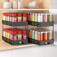 an organized spice rack in a kitchen