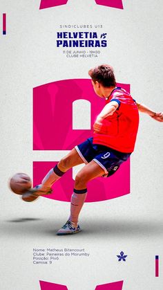 a man kicking a soccer ball on top of a pink and white poster with the number 9