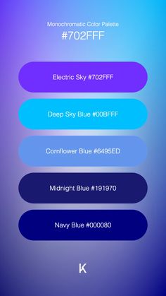 Monochromatic Color Palette Electric Sky #702FFF · Deep Sky Blue #00BFFF · Cornflower Blue #6495ED · Midnight Blue #191970 · Navy Blue #000080 Deep Sky Blue, Twilight Sky, Sky Color, Cornflower Blue, The Energy, Unique Colors