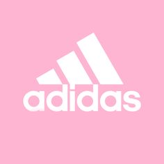 the adidas logo is shown in white on a pink background with black and white stripes