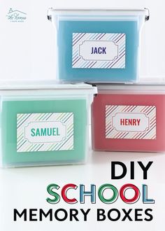 three plastic storage containers with labels on them and the words diy school memory boxes