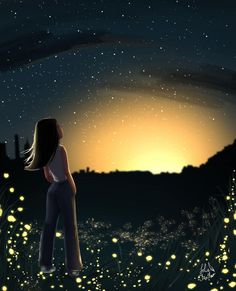 a painting of a woman standing in the grass at night with fireflies around her