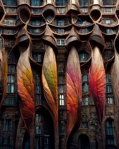 an intricately designed building with lots of windows and large leaves on the outside wall