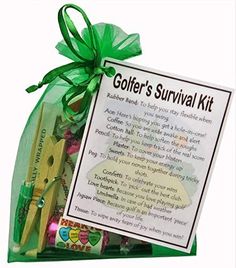 the golf's survival kit is packaged in a green organine bag with scissors and other items