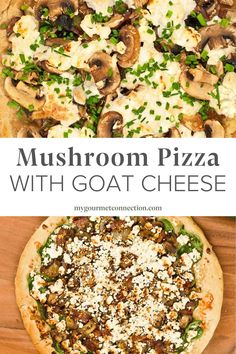 mushroom pizza with goat cheese and spinach on the side, topped with parmesan cheese