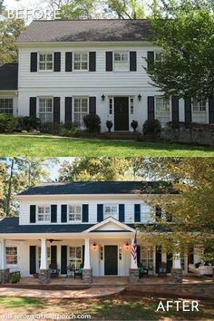 before and after photos of a white house with black shutters