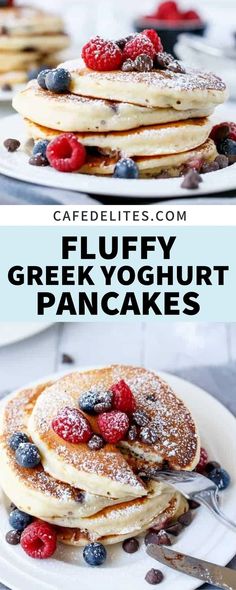 fluffy greek yogurt pancakes with berries and powdered sugar on top are shown