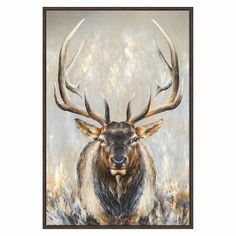 a painting of a deer with large antlers on it's face and long horns