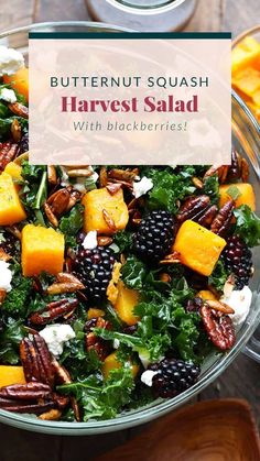 butternut squash and kale salad with blackberries in a glass bowl on a wooden table