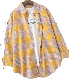 Multicolor Tops With Casual Collar For Fall, Casual Multicolor Long Sleeve Shirt, Casual Yellow Long Sleeve Shirt, Casual Long Sleeve Yellow Shirt, Casual Yellow Shirt For Fall, Plaid Long Sleeve Top For Spring, Spring Long Sleeve Plaid Top, Trendy Yellow Long Sleeve Shirt, Trendy Long Sleeve Yellow Shirt