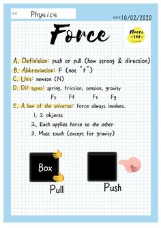 an exercise sheet with words and pictures on it, including the word force written in black