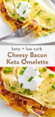 keto and low carb cheesy bacon keto omelette with sour cream on top