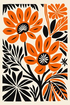 an orange and black flower design on a white background