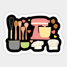 kitchen utensils sticker on a black background with hearts and cookie cutters