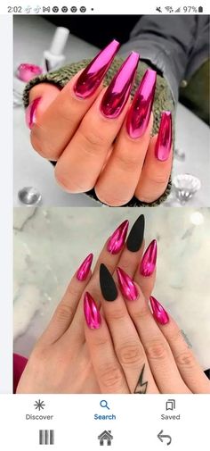 Neon Chrome Nails Designs, Pink And Purple Chrome Nails, Blue Chrome Nails With Design, Black Nails With Pink Chrome, Bright Pink And Black Nails, Chrome Neon Nails, Chrome Coffin Acrylic Nails, Chrome Pink Nails Designs, Neon Pink Chrome Nails