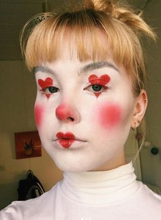 70s Clown Makeup, Clown Heart Makeup, Cupid Clown, Cute Clown Makeup Aesthetic, Heart Clown Makeup, Soft Clown Makeup, Lovecore Makeup, Vintage Clown Makeup, Clown Makeup Aesthetic