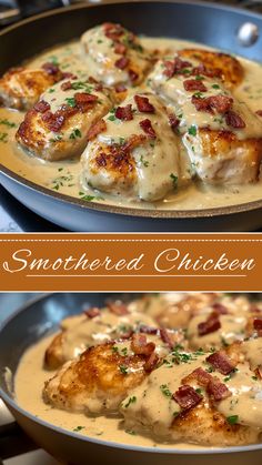 Smothered Chicken Creamy Chicken With Mashed Potatoes, Chicken With Mashed Potatoes Meals, Chicken And Gravy Over Mashed Potatoes, Oven Baked Smothered Chicken, Smothered Chicken Crockpot, Chicken And Gravy Over Rice, Chicken Rice Gravy, Chicken And Mashed Potatoes Recipes, Chicken Breast Recipes With Rice