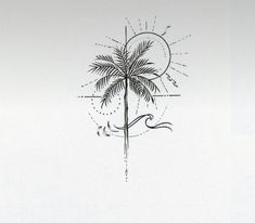 a black and white drawing of a palm tree with the moon in the sky behind it