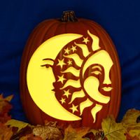 a carved pumpkin with the moon and stars on it, surrounded by autumn leaves in front of a blue background