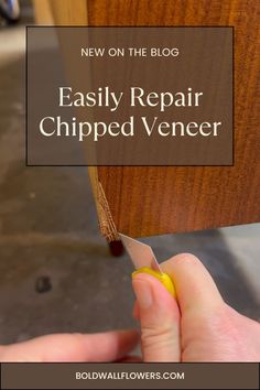 Chipped veneer is common with vintage furniture, but that doesn't mean you have to settle with that chip.  Follow these incredily easy steps to repairing chipped furniture (including video for those visual learners!) Removing Veneer From Furniture, Replacing Veneer On Furniture, Removing Wood Veneer, Repairing Wood Veneer, How To Fix Chipped Wood Veneer, Cabinet Repair, Epoxy Putty, Magazine Table, Wood Repair