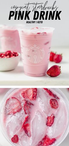 pink drink with strawberries and ice in it