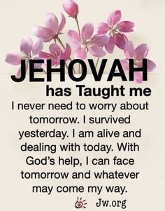 a pink flower with the words jehovah has taught me i never need to worry about tomorrow