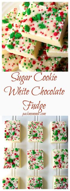 sugar cookie white chocolate fudge with christmas sprinkles on top and in the middle