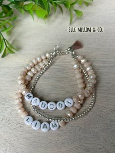 Crystal and sterling silver personalized name bracelet stack. These make the perfect gift and are made to last with high quality sterling silver beads and hardware. Visit IG or Etsy to order! Name Bracelet, Bracelet Stack, Sterling Silver Bead, Silver Beads