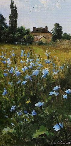 an oil painting of blue flowers in a field with a house and trees behind it