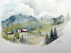 a watercolor painting of some houses in the mountains