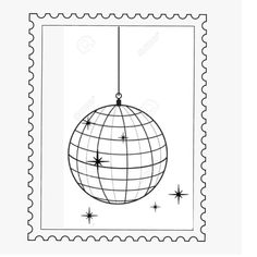 a postage stamp with an image of a globe hanging from a string and stars on it