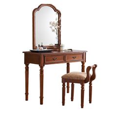 a wooden vanity with mirror and stool on top of the table, against a white background